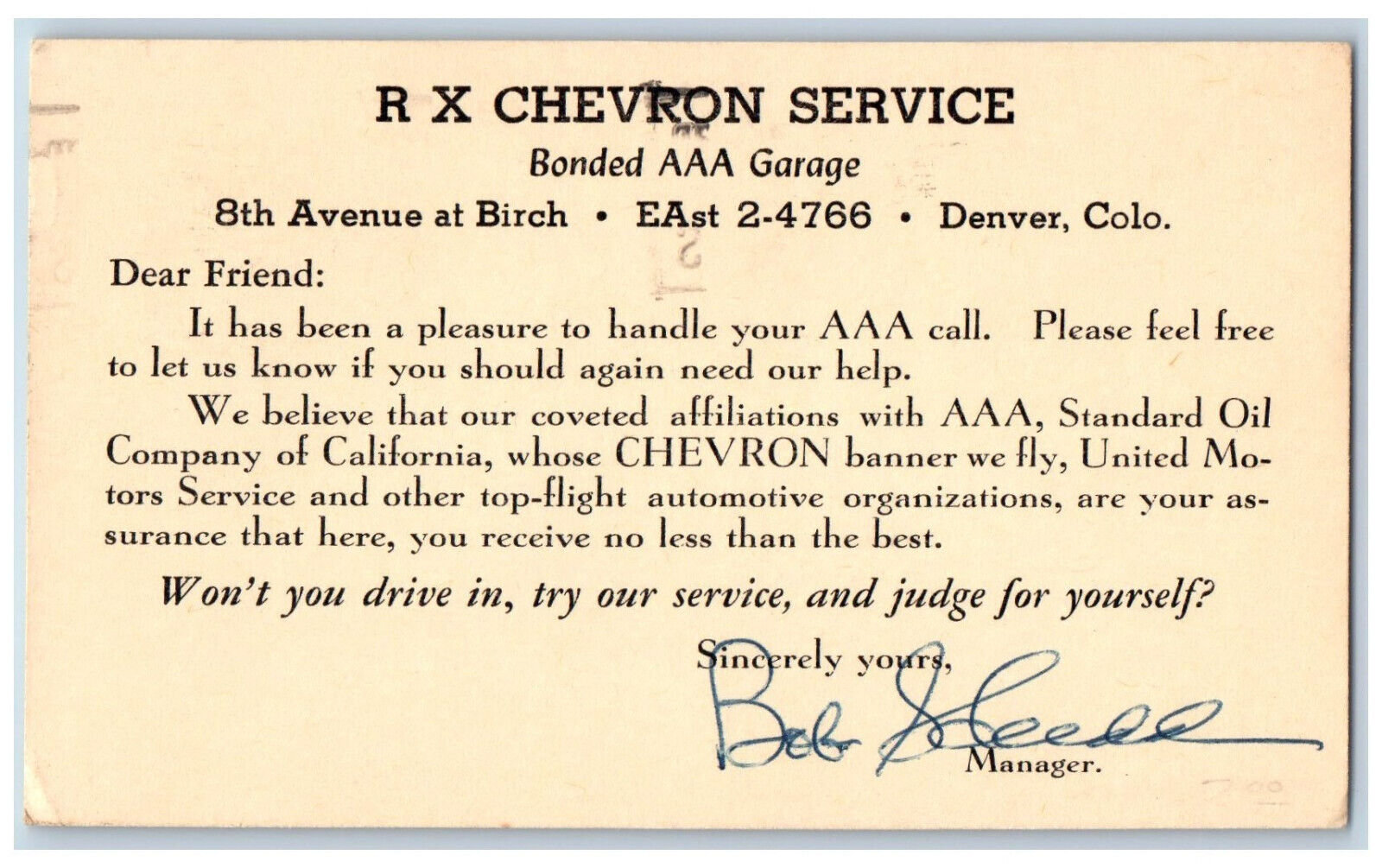 Denver Colorado CO Postal Card RX Chevron Service Bonded AAA Garage 1954