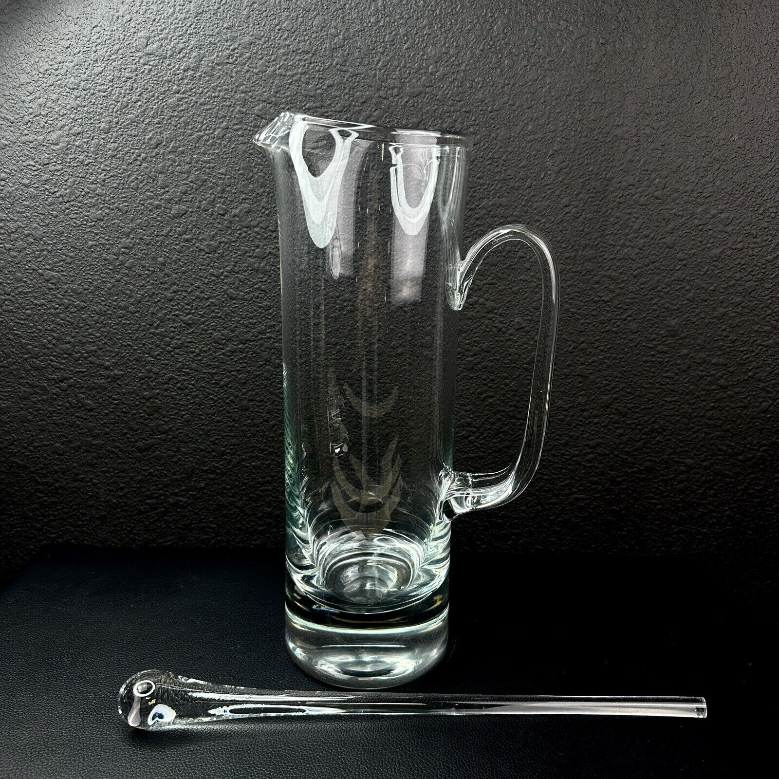 Vintage Blown Art Glass Cocktail Pitcher w Stirrer Barware Modern Party 12” MCM