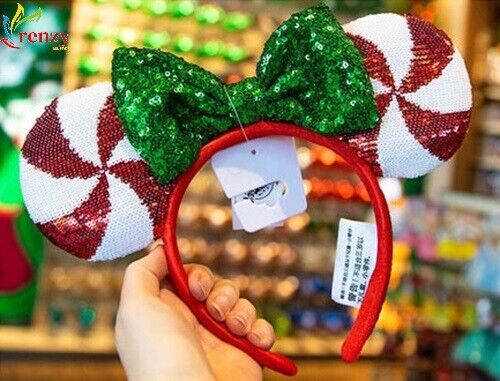 Green Bow Minnie Ears Lollipop Sequins Disney Parks Candy Cane Cutie Headband