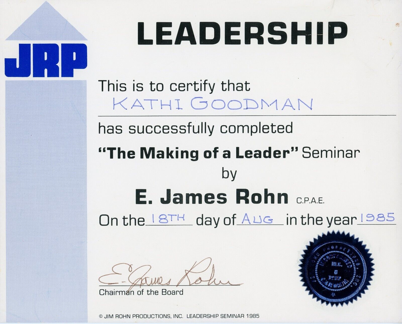 Jim Rohn ~ Signed Autographed 1985 Leadership Certificate Signature ~ JSA COA