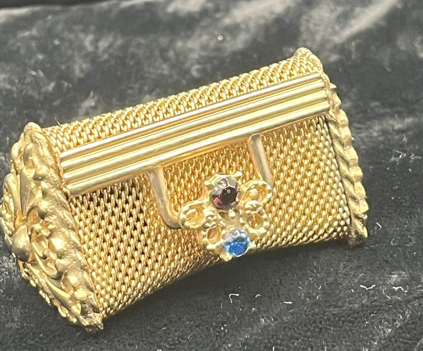 Vintage Miniature Gold Tone Mesh Pill Box Purse Jeweled Rhinestones