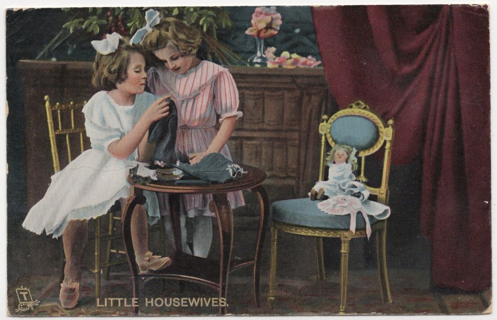 Tuck Postcard Little Housewives Playtime & Playmates Stitching 1909 Posted