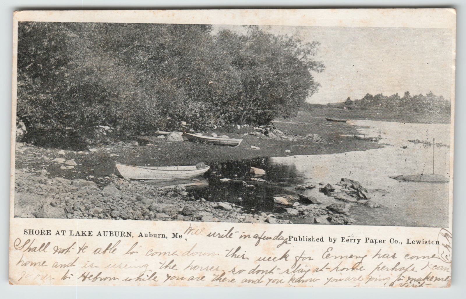 Postcard 1907 Lake Auburn Shoreline with Boats in Auburn, ME