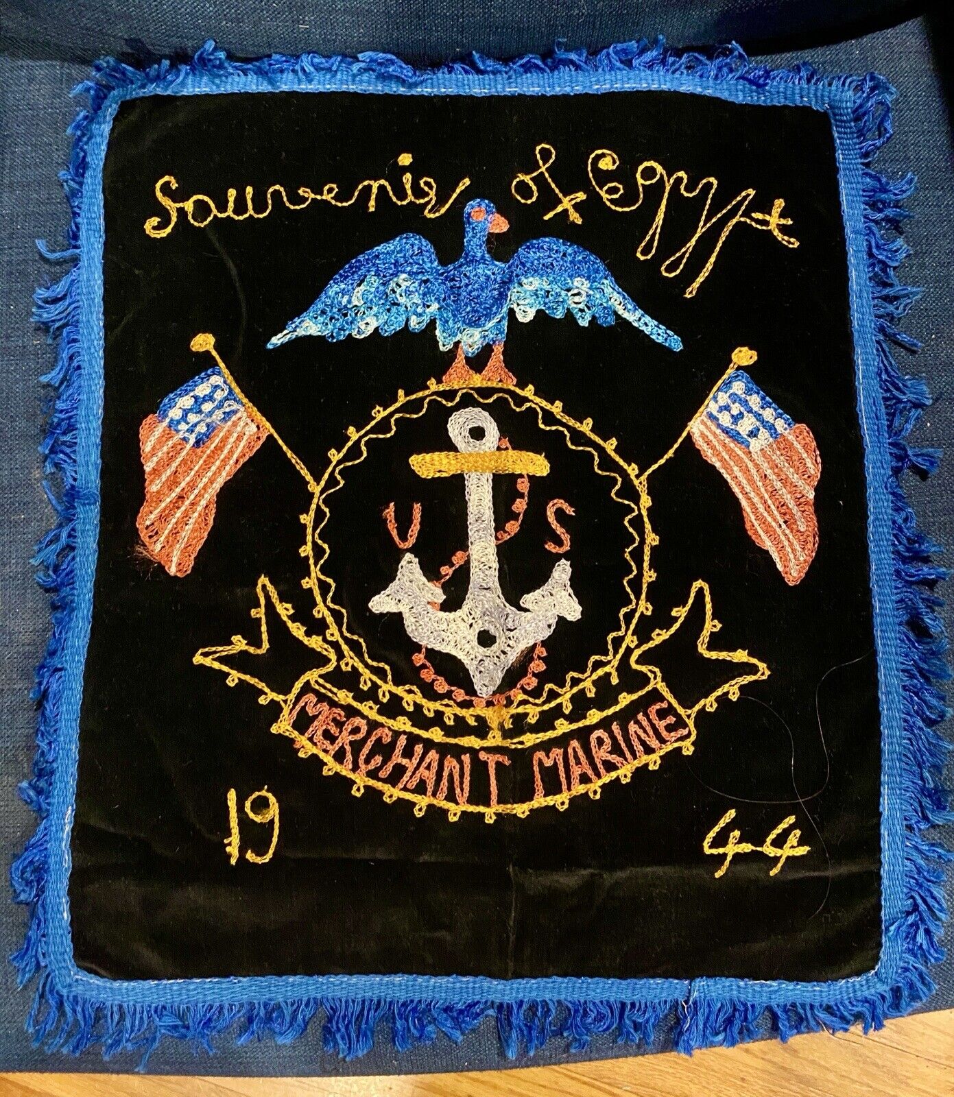 USA Merchant Marines 1944 WWII Souvenir Egypt Crewel Embroidered Black Velvet