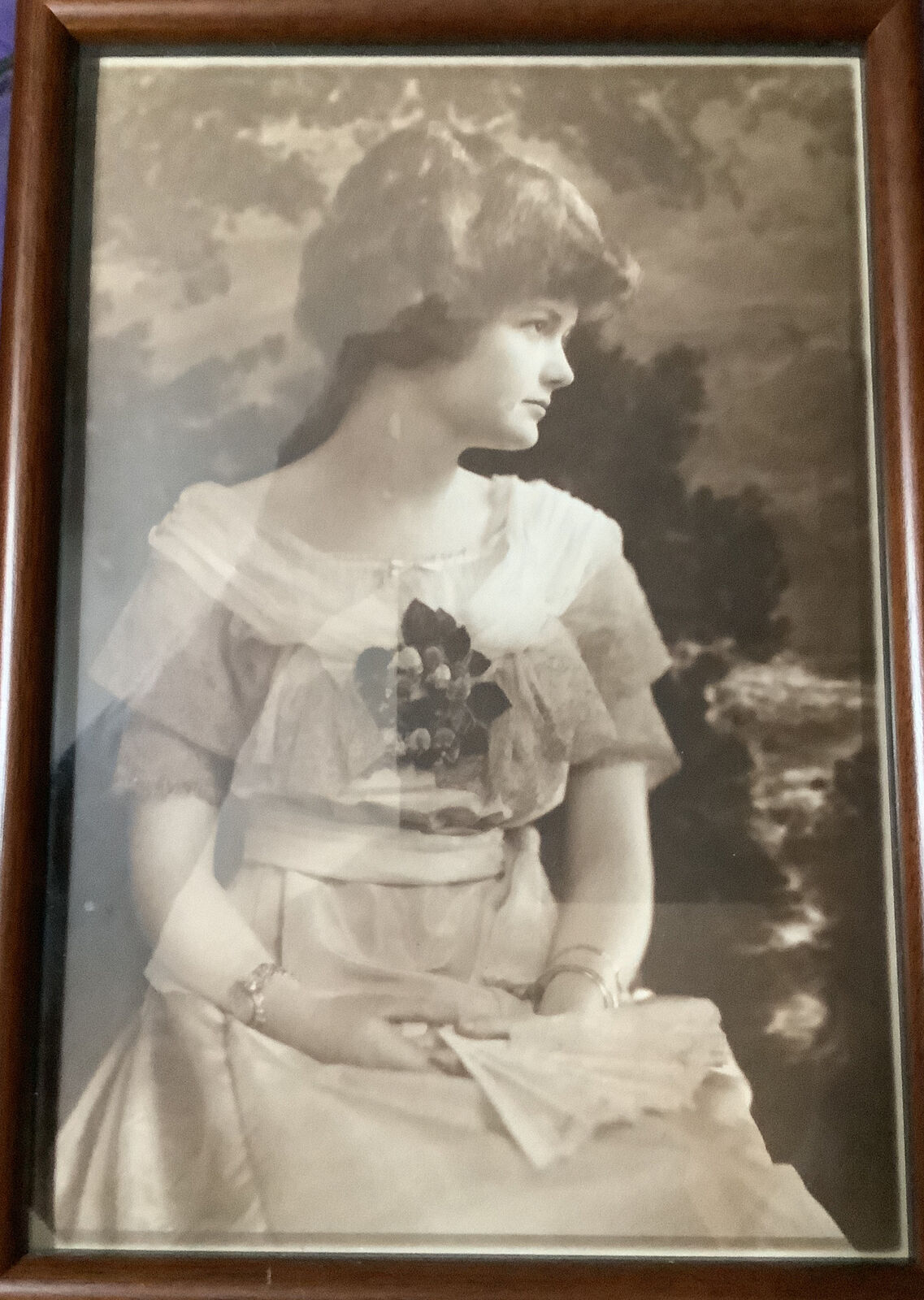 Vintage Framed Photo Pretty, Seated Cotillion Debutante Holding Lace Fan Prop
