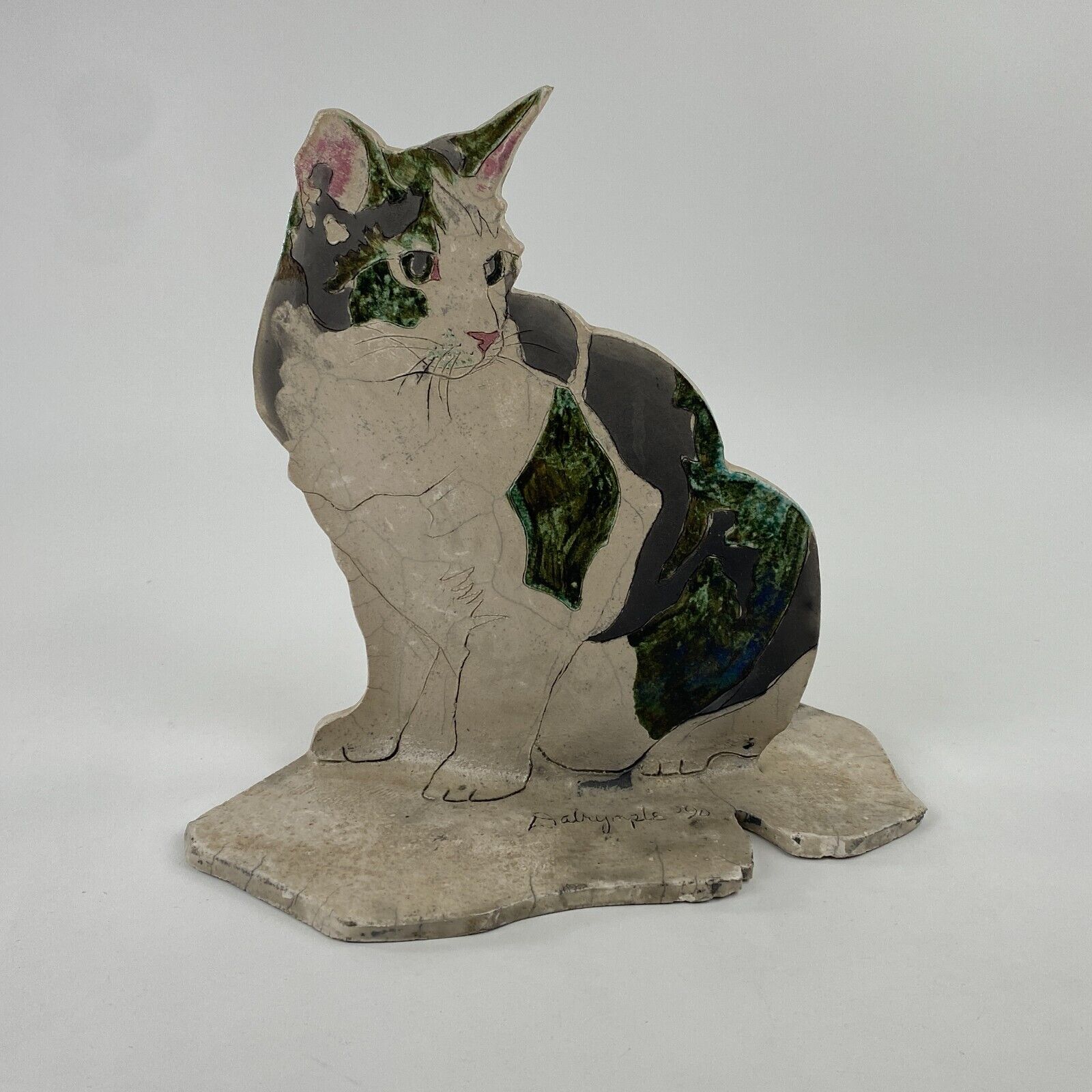 Vintage 1990 Cat Figurine Statue Ceramic Hand Painted Signed Dalrymple