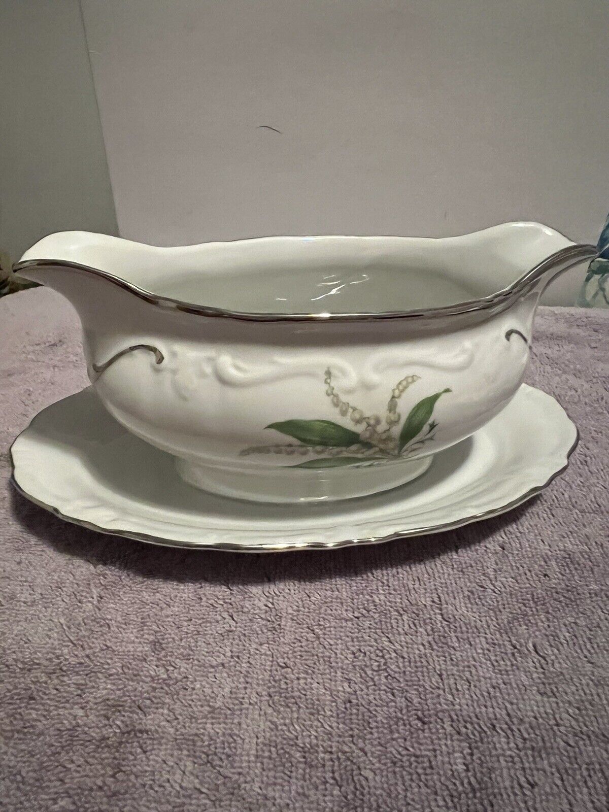 Gravy Boat Lily Of The Valley Royal Heidelberg Wintering Silver Trim Underplate