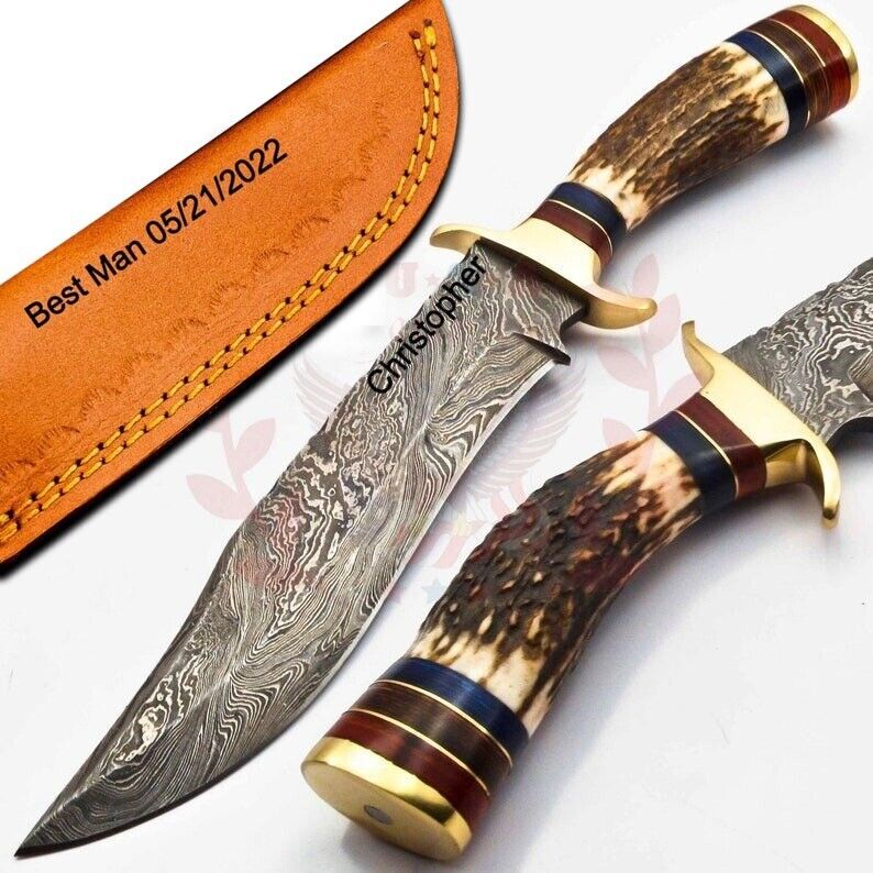 Personalized Stag Horn Antler Handle Damascus Steel Fixed Blade Handmade Knife