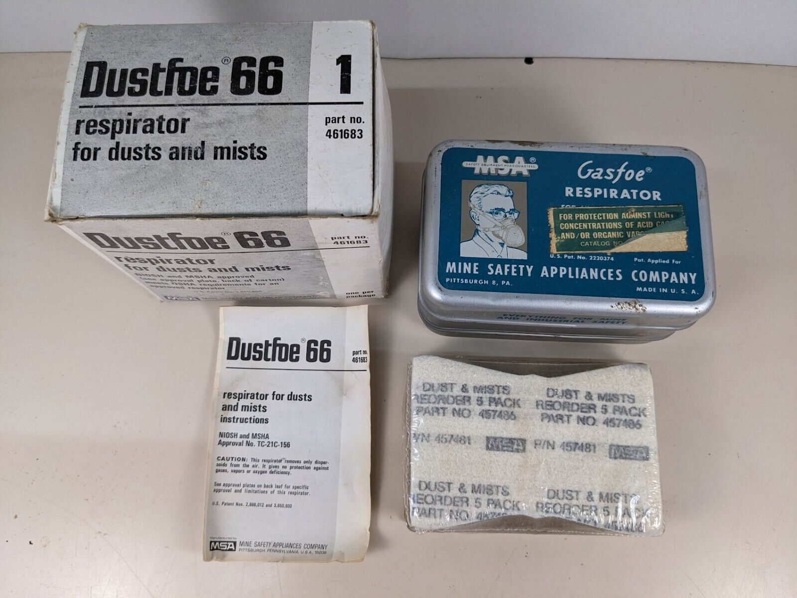 Vintage MSA Gasfoe Respirator Mask Mine Safety Appliances Co. Tin & Contents
