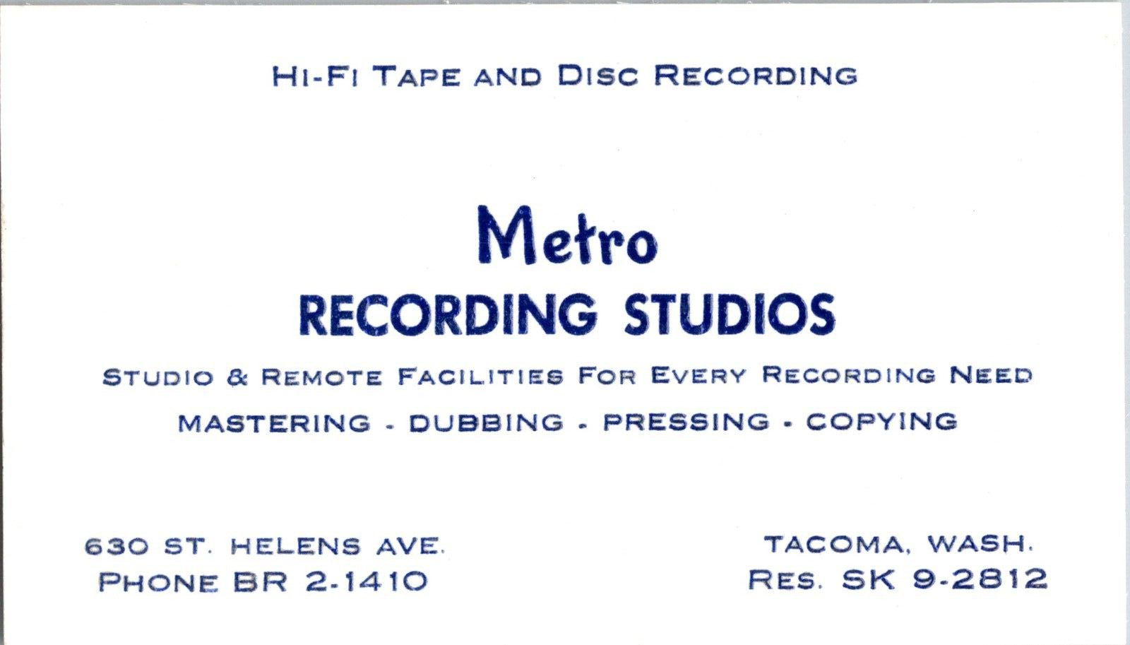 Vtg Business Card Metro Recording Studios 630 St Helens Ave Tacoma Washington
