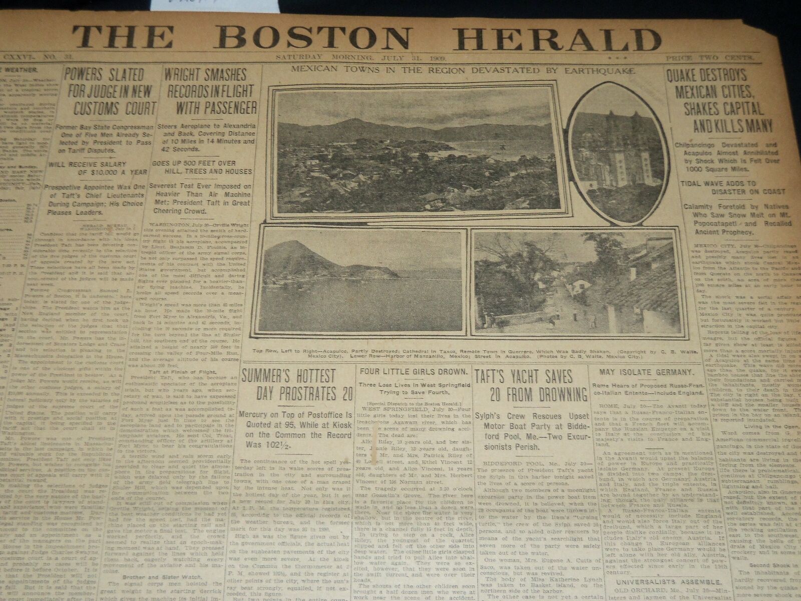 1909 JULY 31 THE BOSTON HERALD - WRIGHT SMASHES RECORDS IN FLIGHT - BH 212