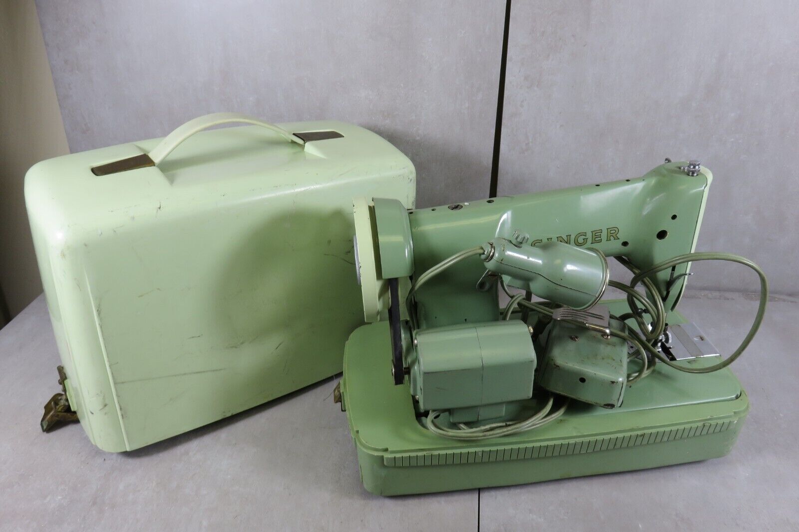 Vintage Singer Simanco Green Sewing Machine With Pedal and Case SEE PHOTOS