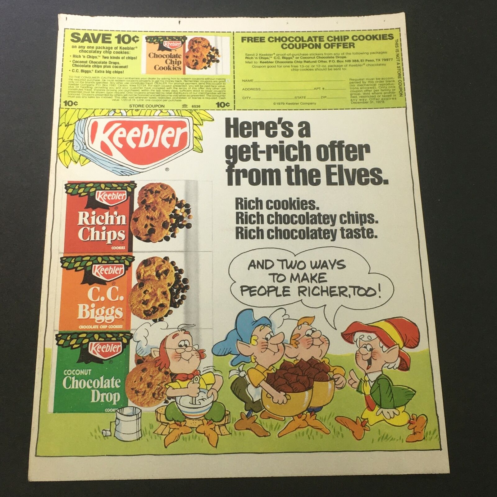 VTG 1979 Keebler Rich\'n Chips, C.C. Biggs & Coconut Chocolate Drop Ad Coupon
