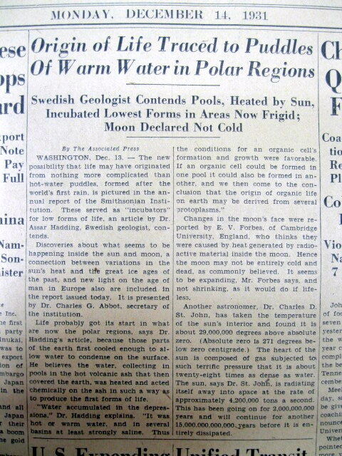 1931 newspaper poses THEORY on the ORIGIN of LIFE on EARTH Began in Polar Region