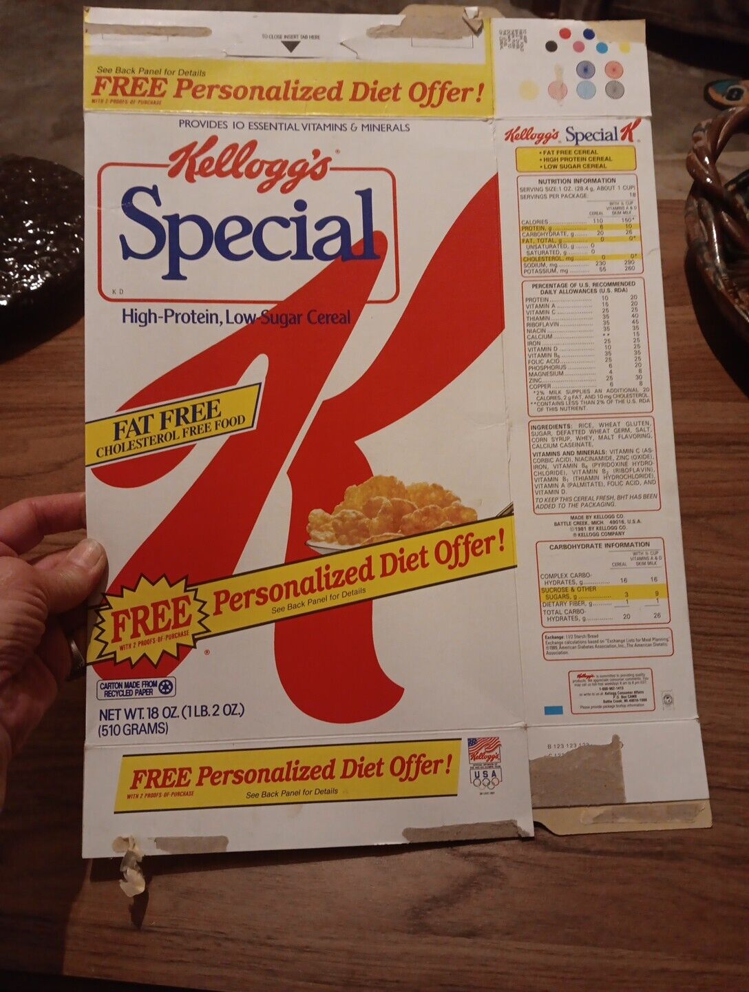 1991 Empty Kellogg's Special K Cereal Box Personalized Diet Offer