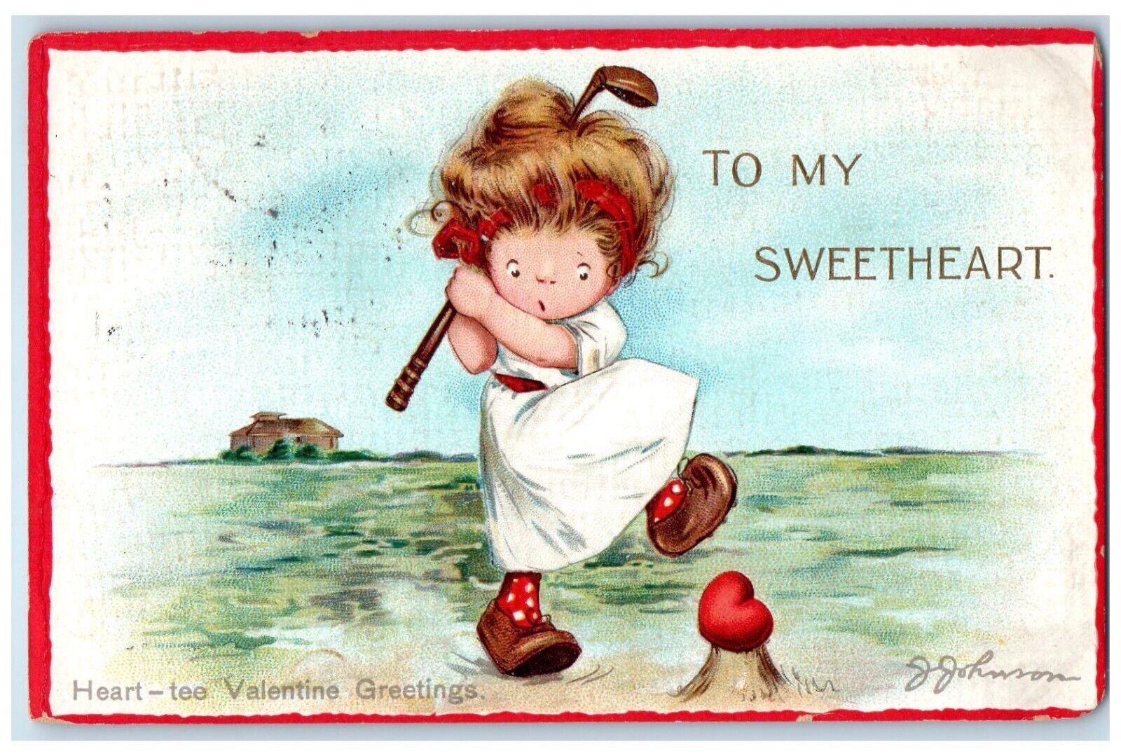 1912 Valentine Greetings Girl Golfing Heart House RPO Posted Antique Postcard