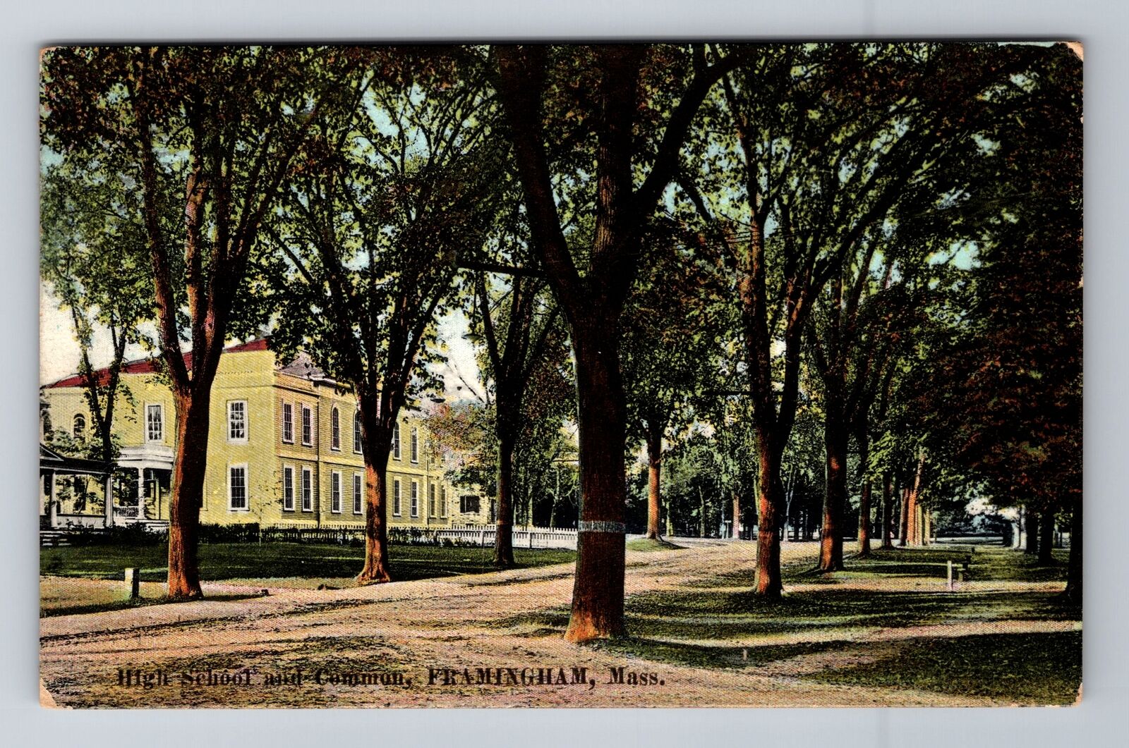Framingham MA-Massachusetts, High School & Common, Vintage c1910 Postcard