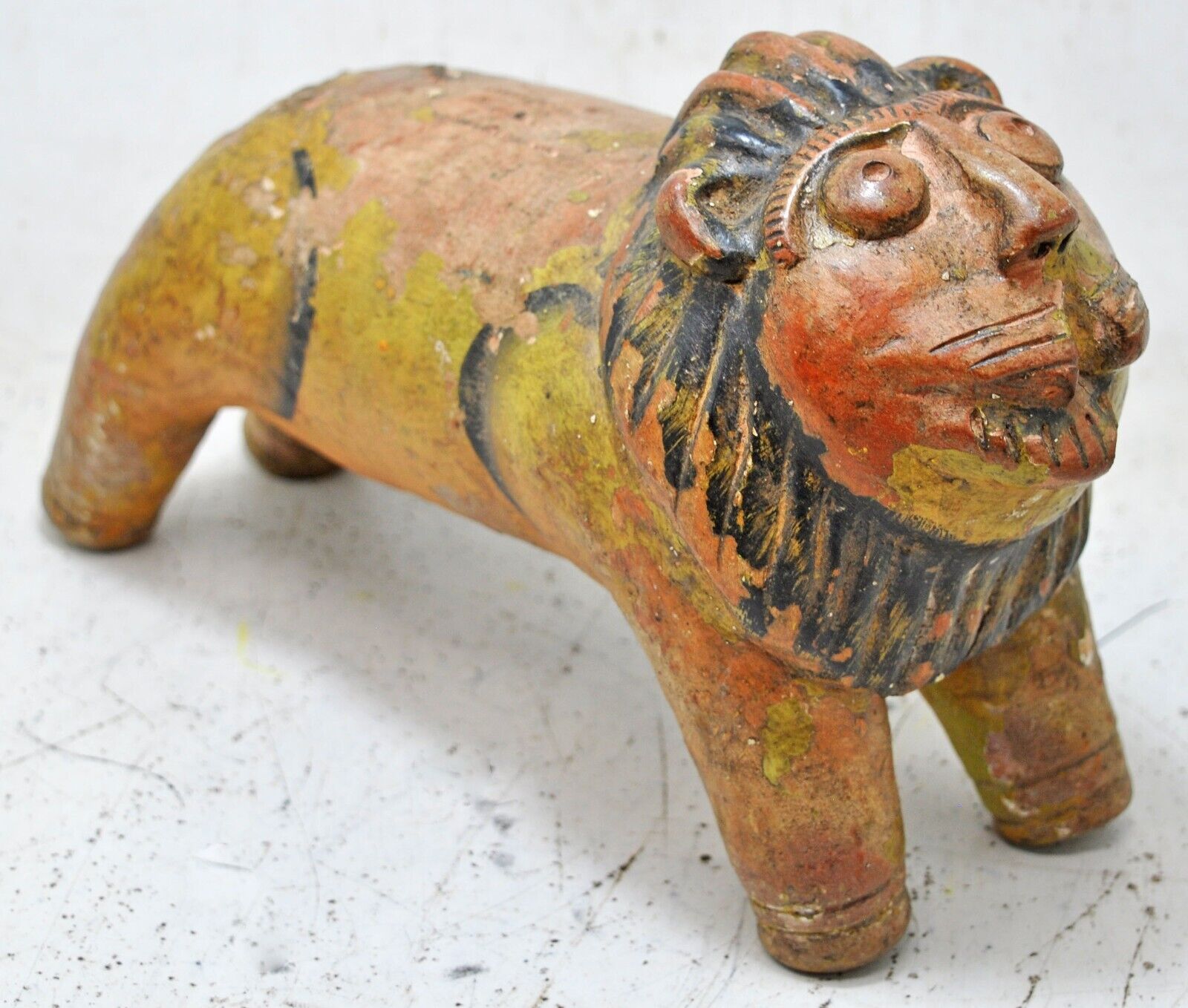 Antique Terracotta Lion Figurine Original Old Hand Crafted Painted