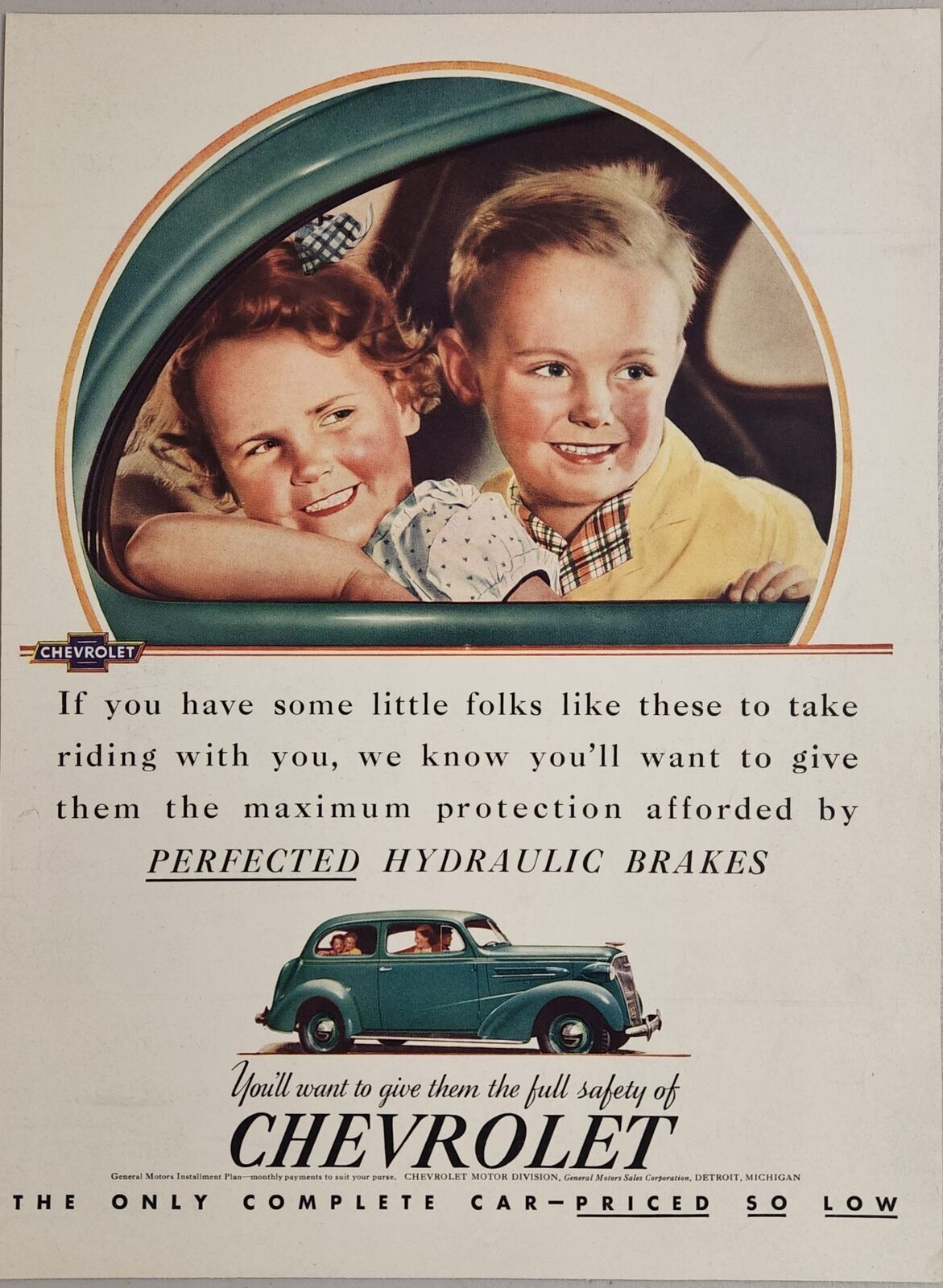 1937 Print Ad Chevrolet Two-Door Cars with Hydraulic Brakes Happy Kids