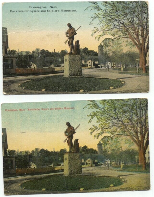 Framingham MA Buckminster Square & Soldiers' Monument 2 Postcards Massachusetts