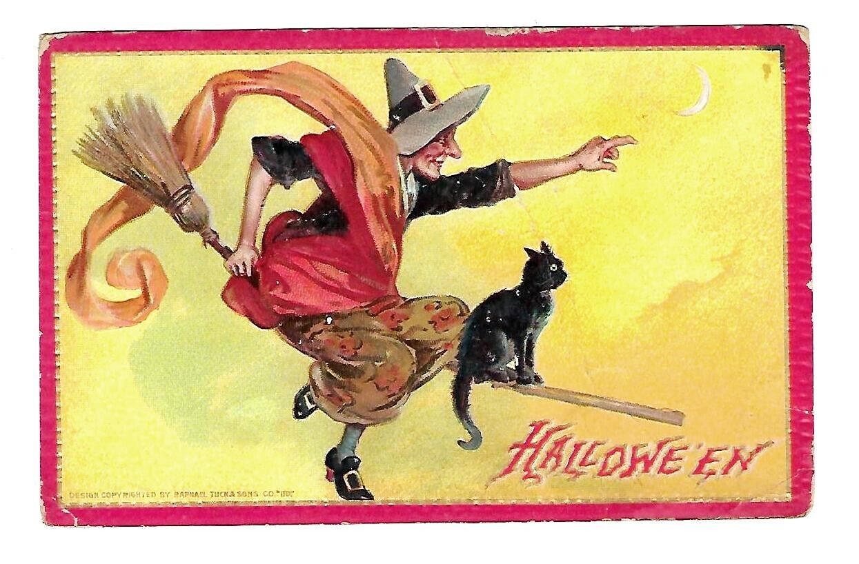 Early 1900's Tucks #174 Halloween Postcard Witch & Cat Riding a Broom