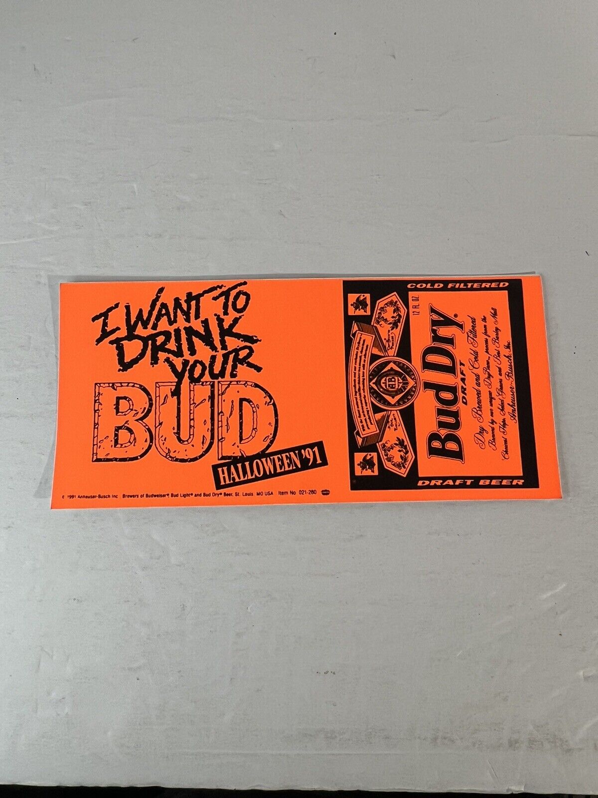1990 Budweiser I Want to Drink Your Bud Halloween Window Sticker Vintage Bud Dry