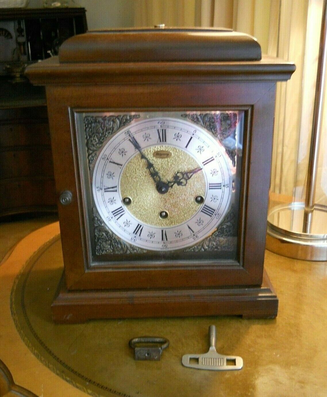 STATELY VINTAGE RIDGEWAY MANTLE CLOCK TWO JEWELS HERMLE MOVEMENT WEST GERMANY 