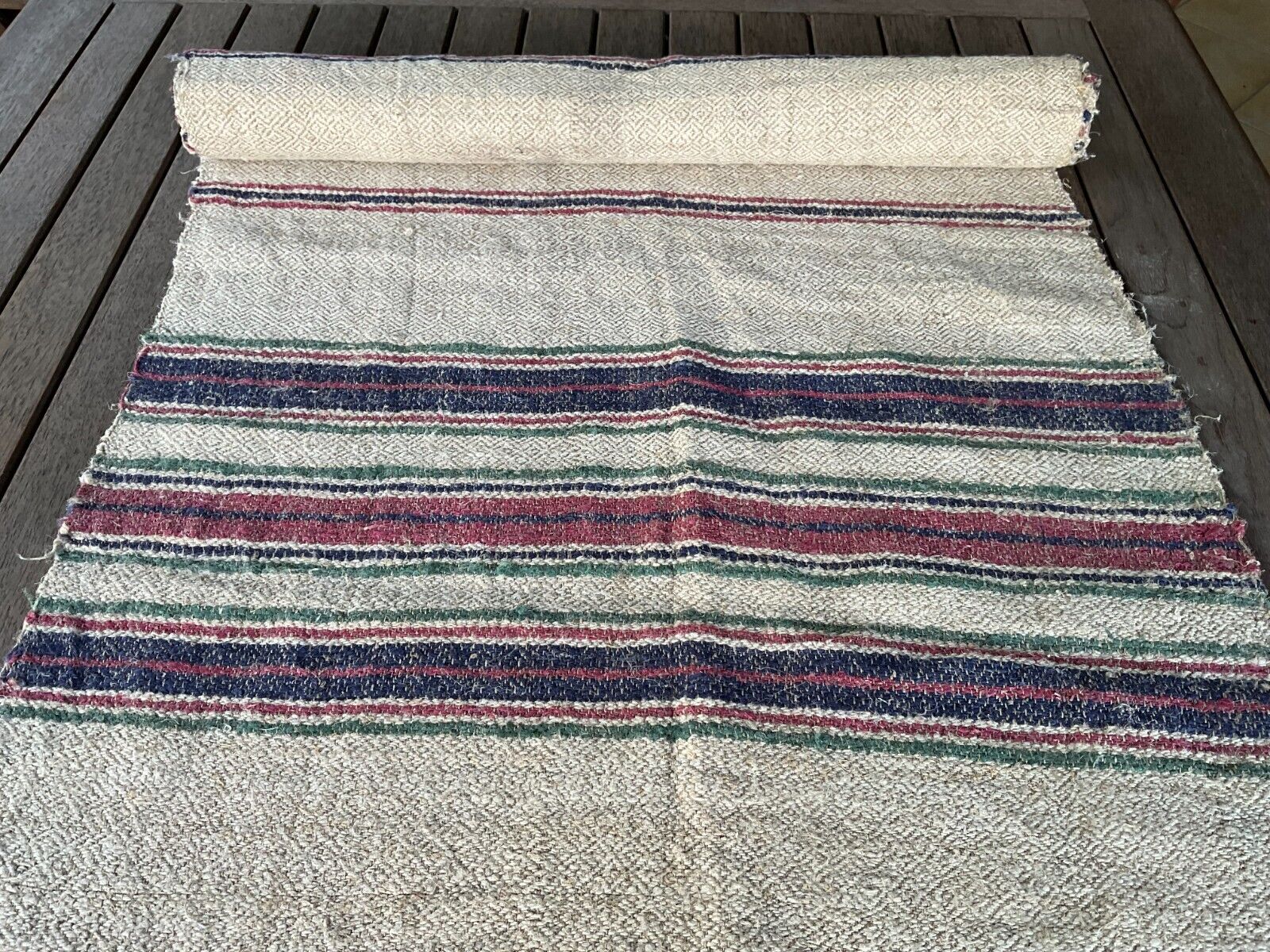 Antique Handwoven Fabric Linen Hemp Textile Striped Rug Upholstery Roll 2.45 yd