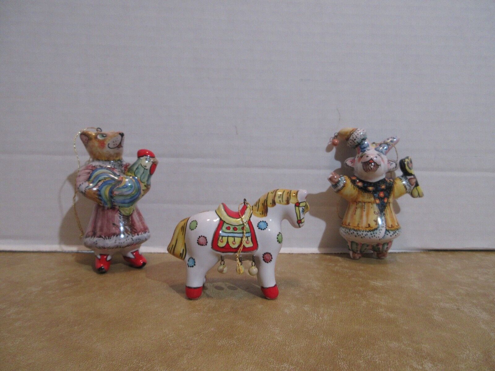 Lot Of 3 Russian Porcelain Ornaments Fox , Goat  & Dog Colorful &  Marked