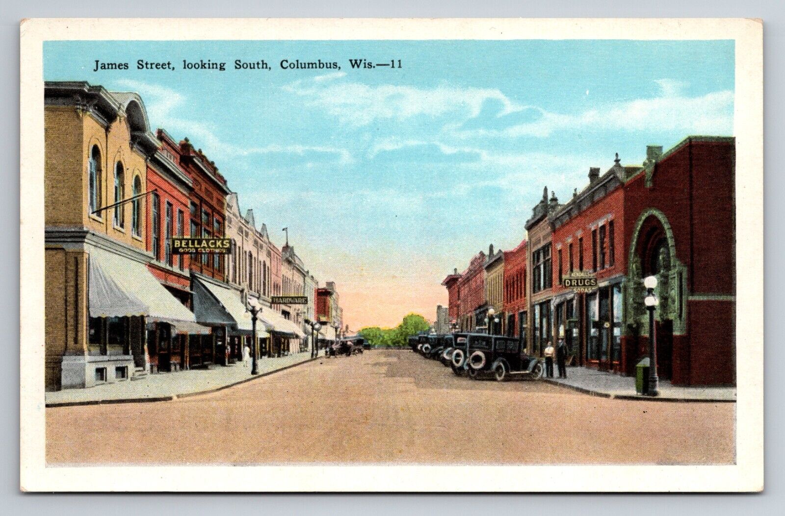 James Street Columbus Wisconsin Unposted Postcard Antique Cars Downtown