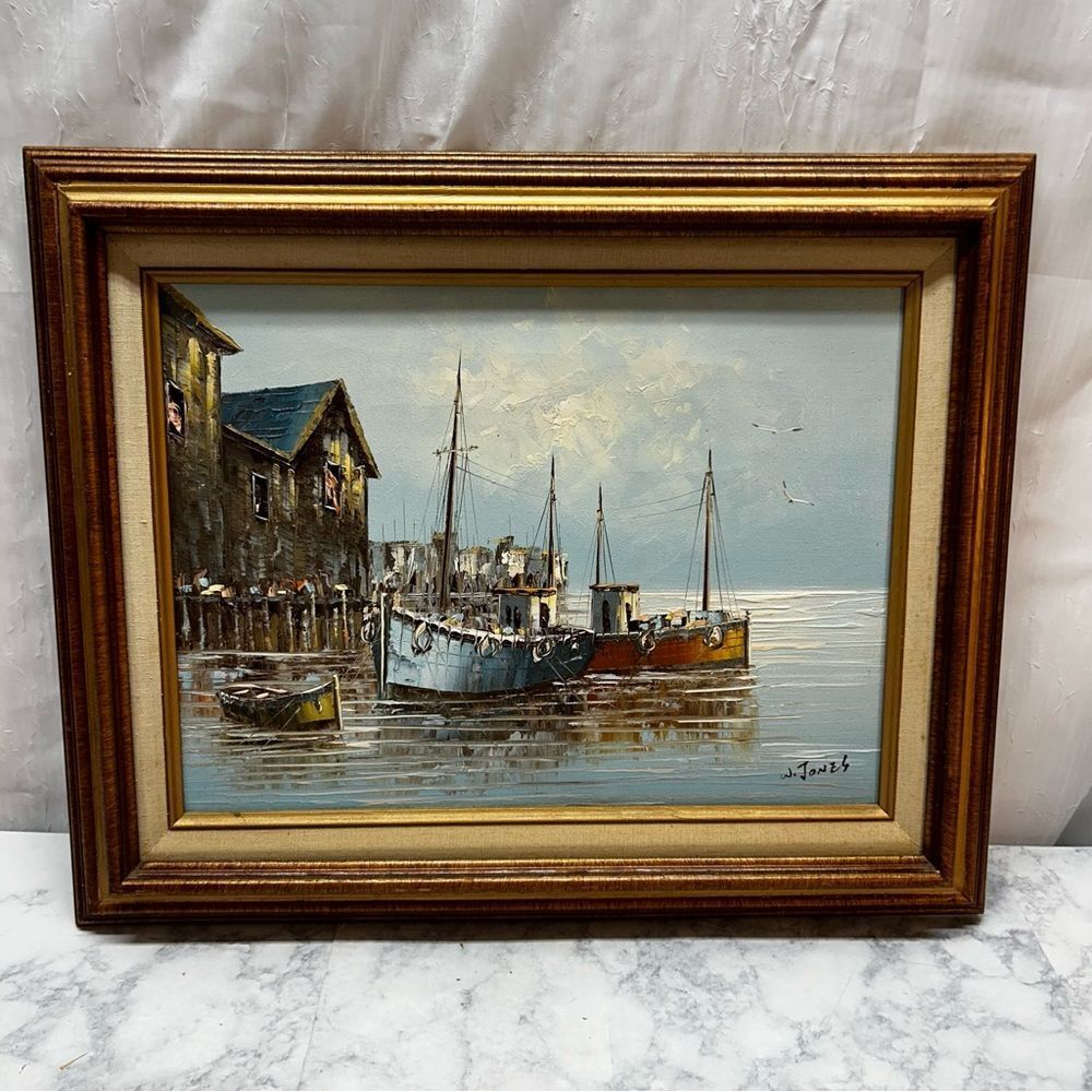 Ships in the Harbor Fishing Boats Original Oil Painting by W. Jones Signed 20x17