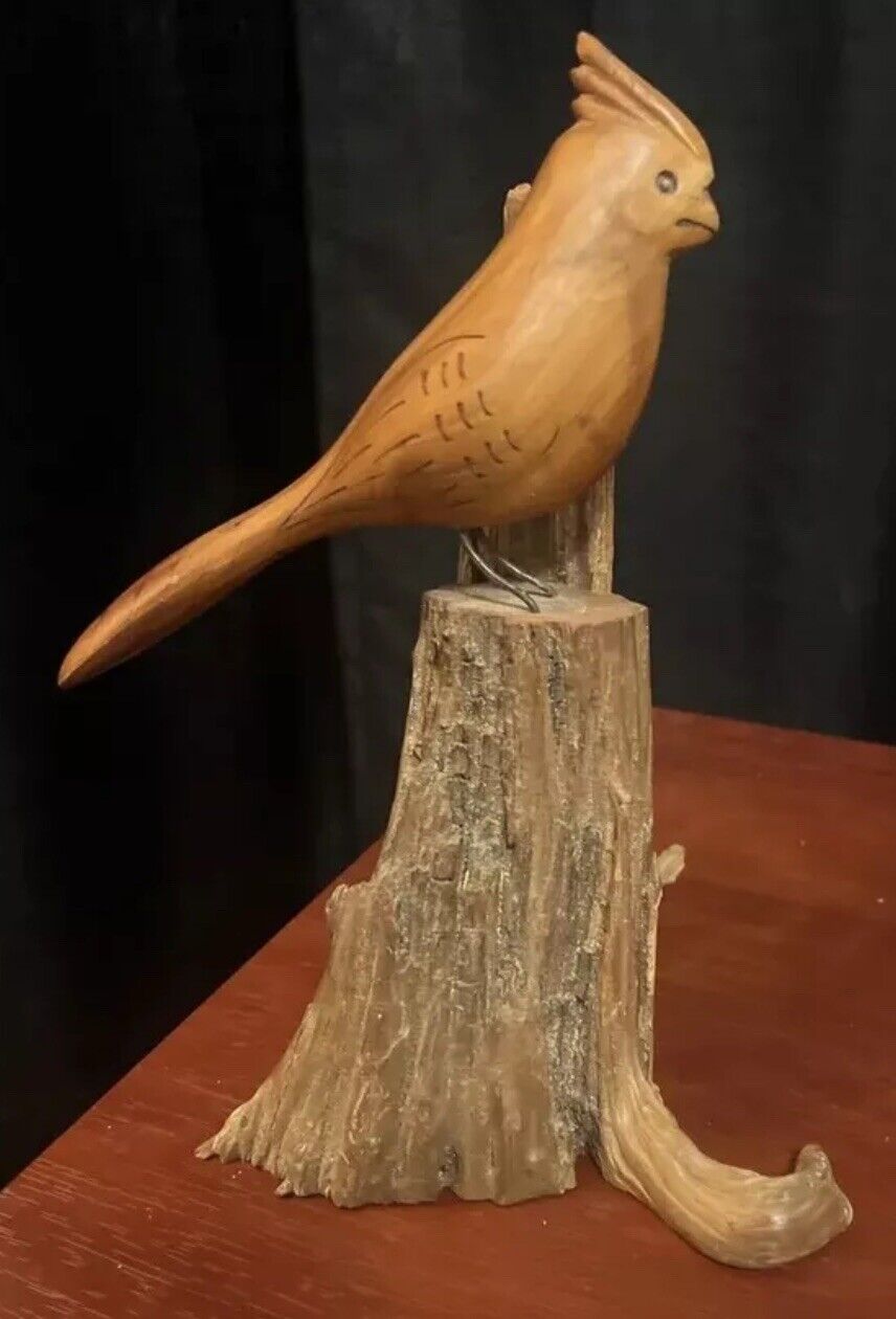 Vintage Hand Craved Wooden Cardinal On A Tree Stump