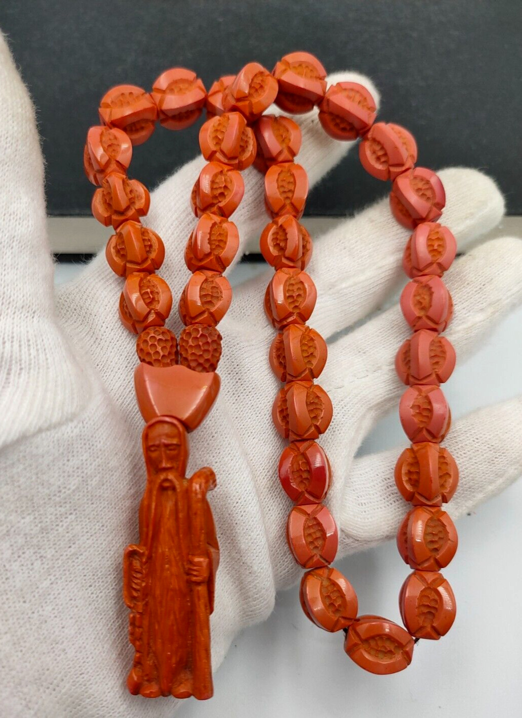 Vintage Islamic Player Rosary 33 Plastic Carved Beads Handmade Prison Art USSR