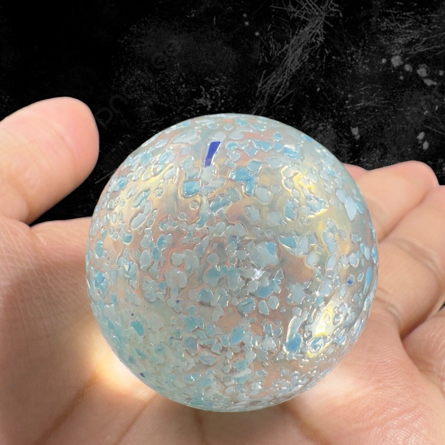Vintage Italian Large Marble Round Polished Blue Transparent Speckled Glass VTG