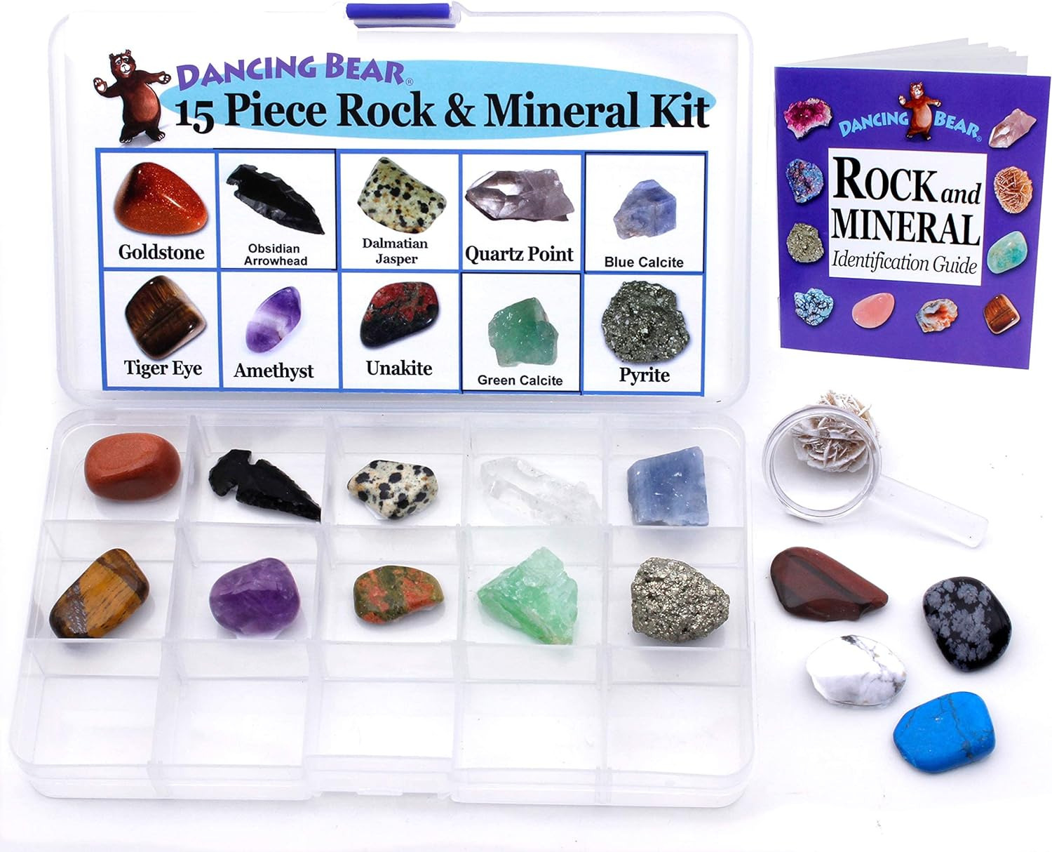 -15 Pc Rock & Mineral Collection with Collector Box/Display Case, ID Sheet, Rock