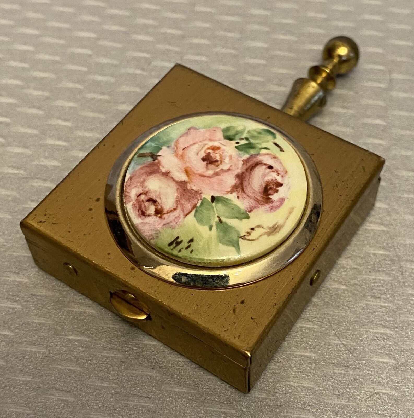 Vintage Purse Pocket Ashtray Mini Silent Butler Pink Rose Floral Brass Metal