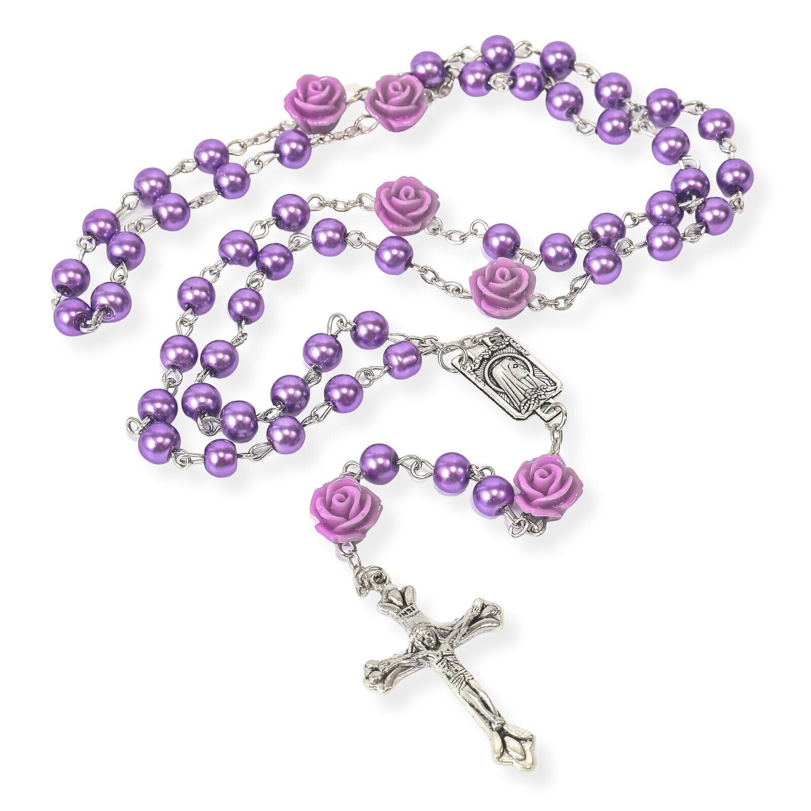 Catholic Purple Pearl Beads Rosary Necklace Rose Lourdes Medal Cross