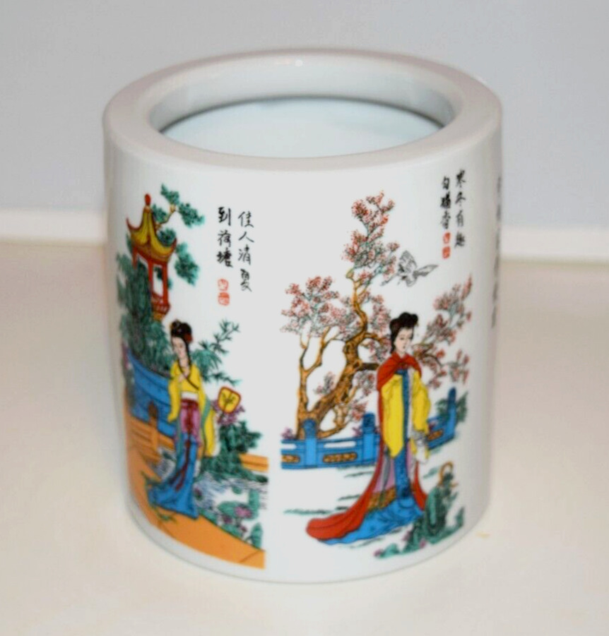 Chinese Porcelain Brush Pot Ladies Trees Pagoda Calligraphy Red Square Mark