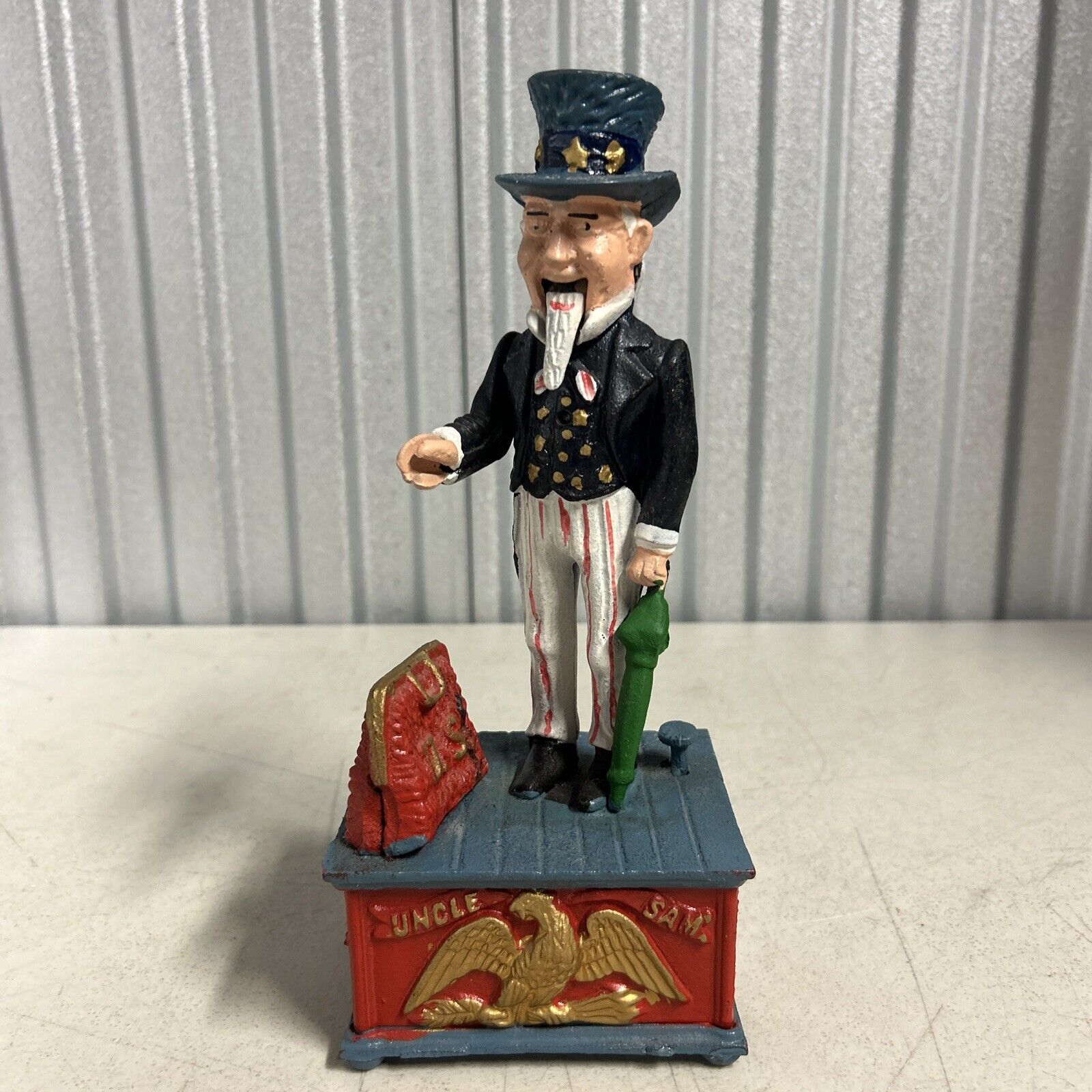 Vintage Uncle Sam Cast Iron Mechanical Coin Bank book of knowledge