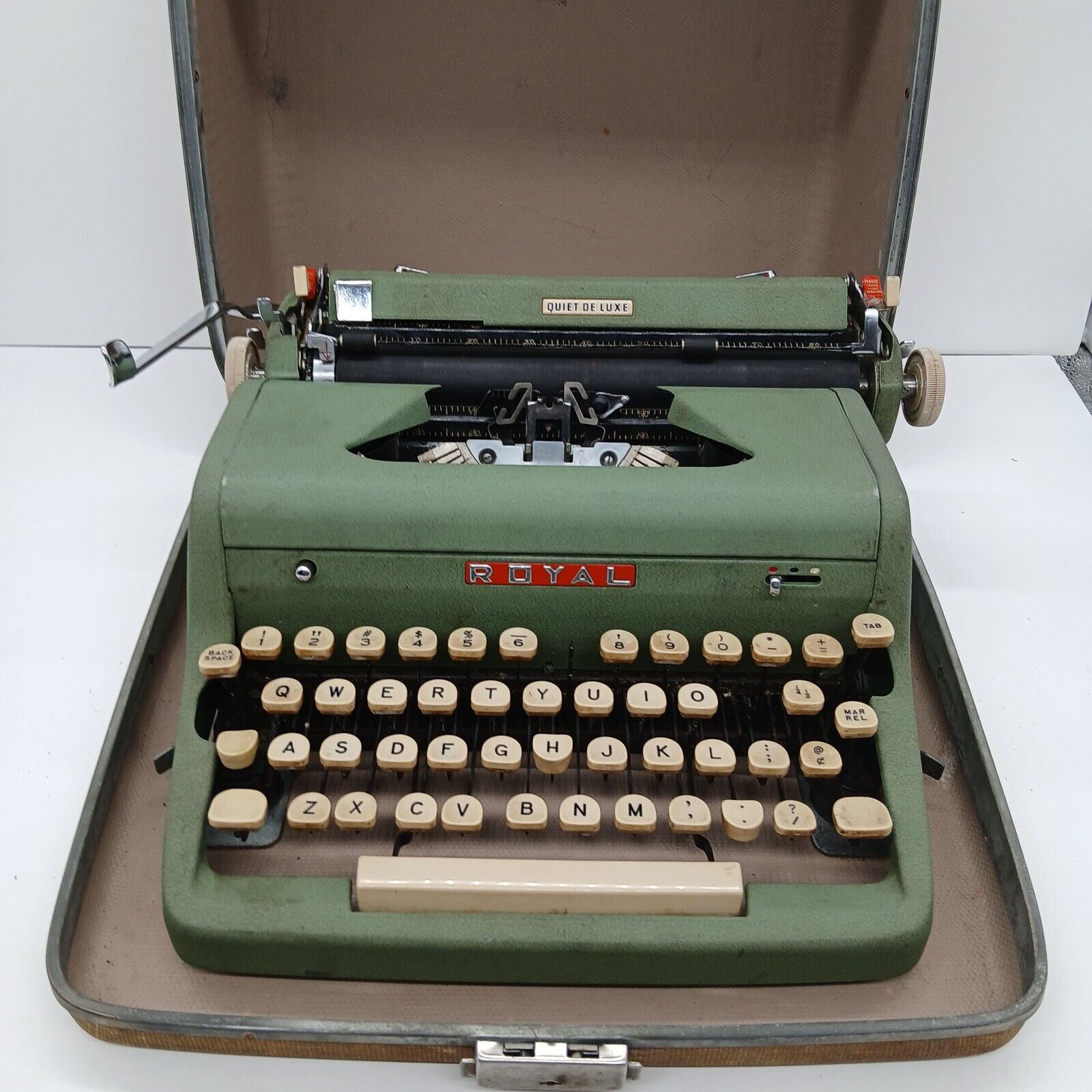 Vintage Royal Quiet De Luxe Portable Typewriter Green with Tweed Case 1950s