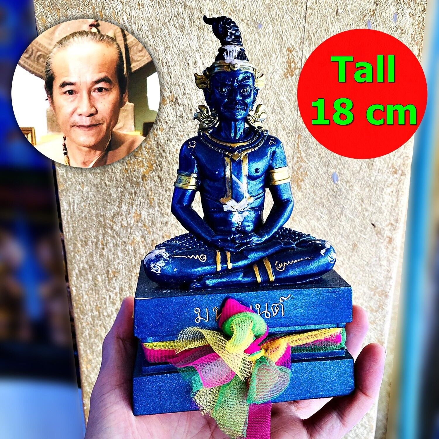 Hermit Statue Lersri Ngung Wealth Money Gamble Nikom Kom Blue Thai Amulet #17387