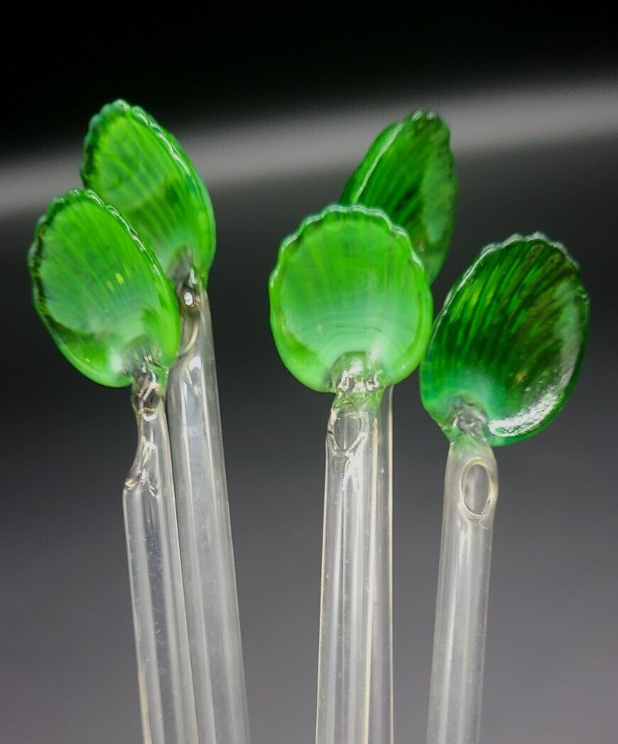 5 pc Vintage Hand Blown Green & Clear Glass Seashell Swizzle Snuff Sticks