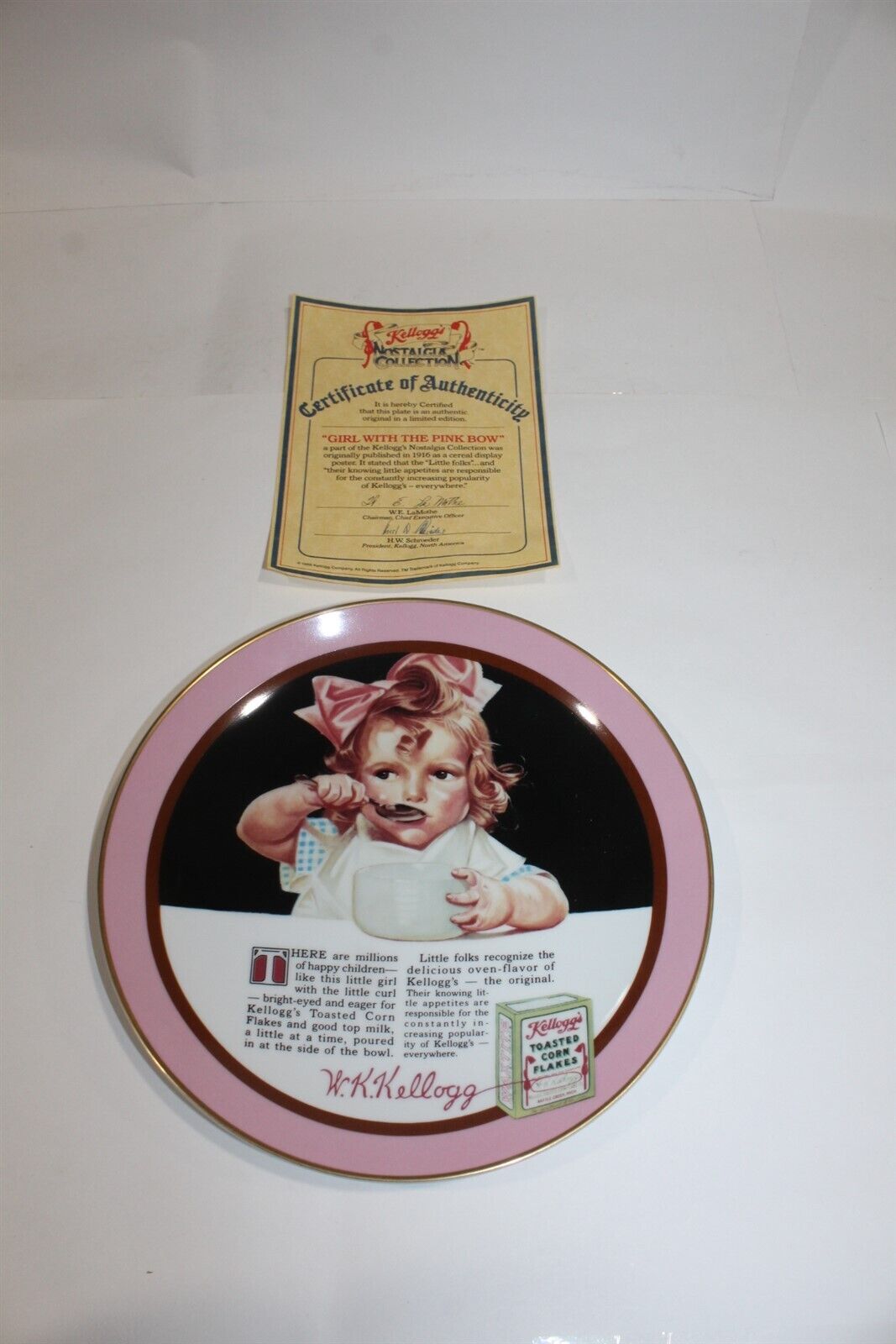Collectible Plate 1988 Kellogg\'s Nostalgia Girl With Pink Bow #6829