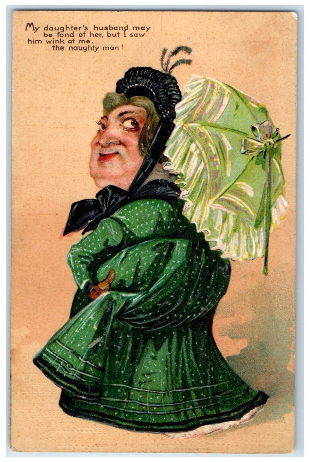 c1910's Ugly Woman Umbrella My Daughter's Husband Naughty Man Embossed Postcard
