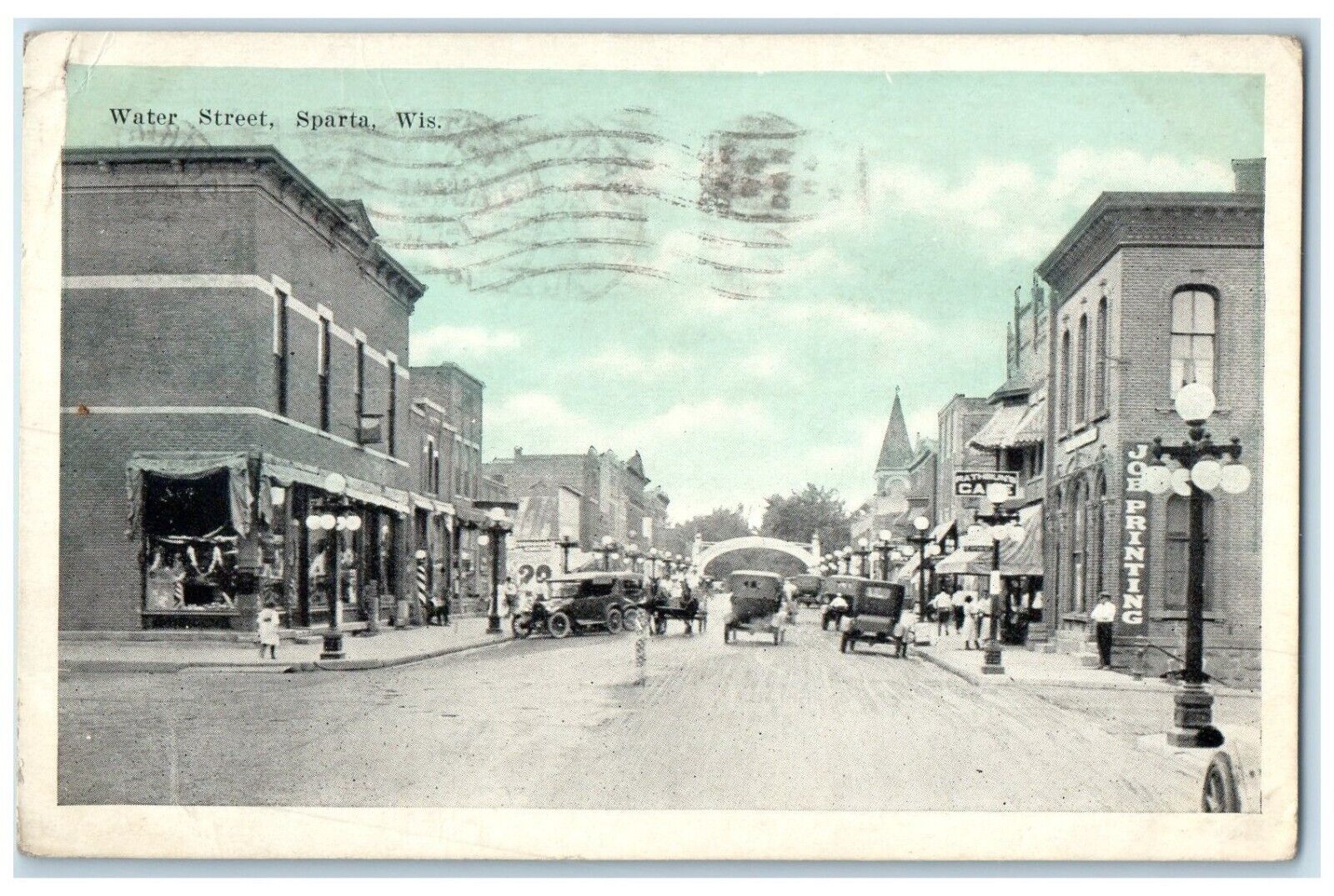 c1910's Water Street View Cars Job Printing Sparta Wisconsin WI Antique Postcard