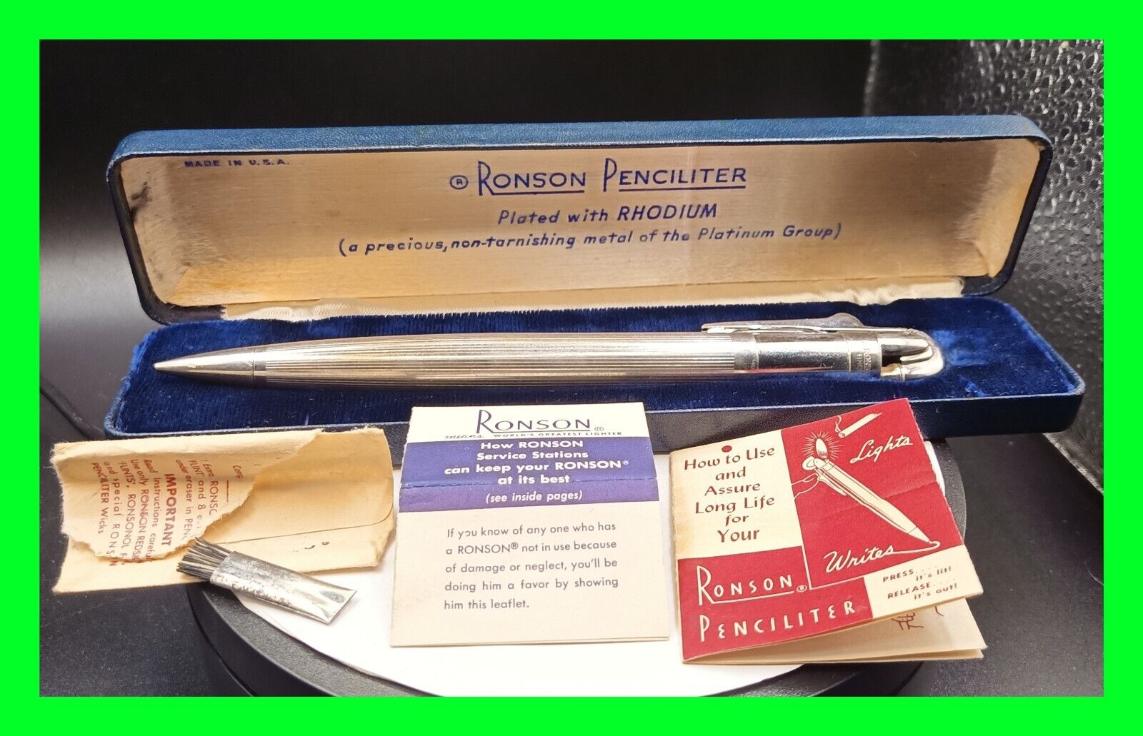 Vintage Ronson PenciliterPlated With RHODIUM - Original Box w/Paperwork Working