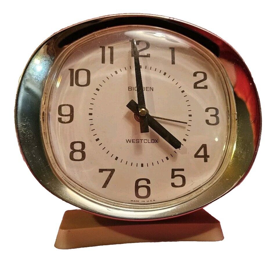 1990s Westclox Big Ben Wind-Up Alarm Clock White Face, Brown #s, Gold Tone Bezel