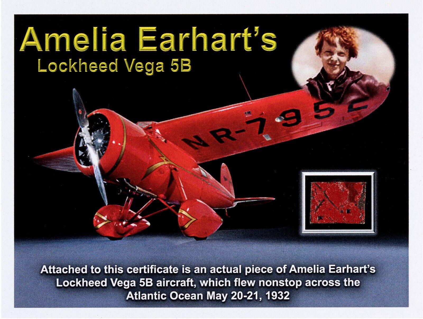 1932 Amelia Earhart Original Flown Vega 5B Plane Fabric Transatlantic Flight