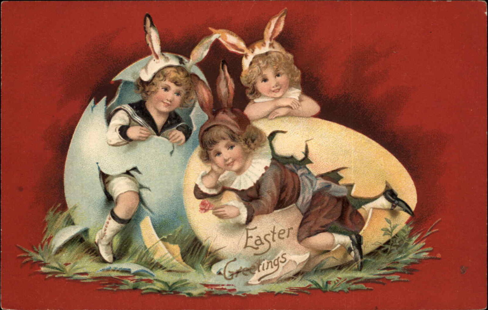 Easter Fantasy Three Kids with Bunny Ears Hatch from Eggs c1910 Postcard