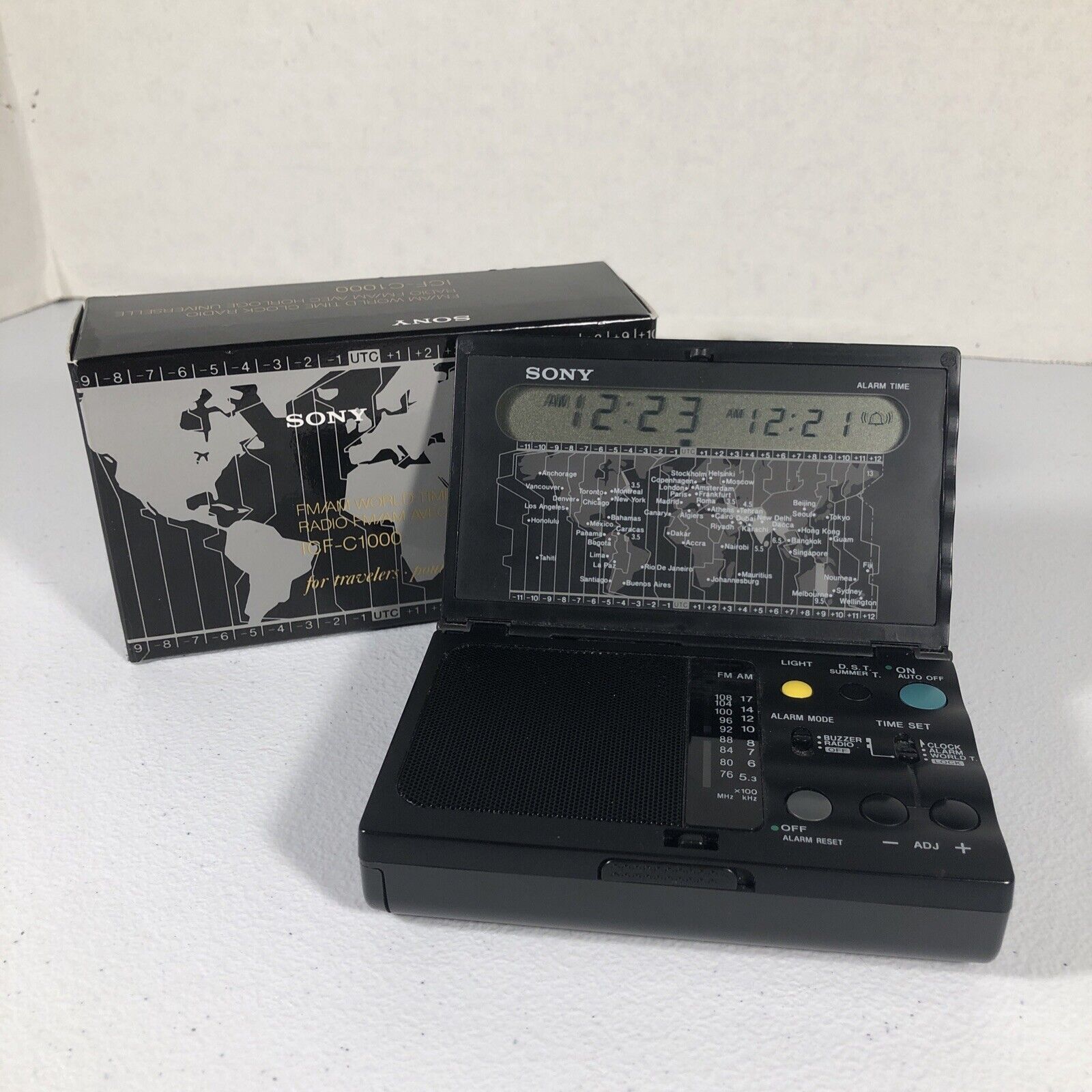 RARE Sony ICF-C1000 Radio & BOX Travelers World Time Clock FM/AM Alarm NO MANUAL